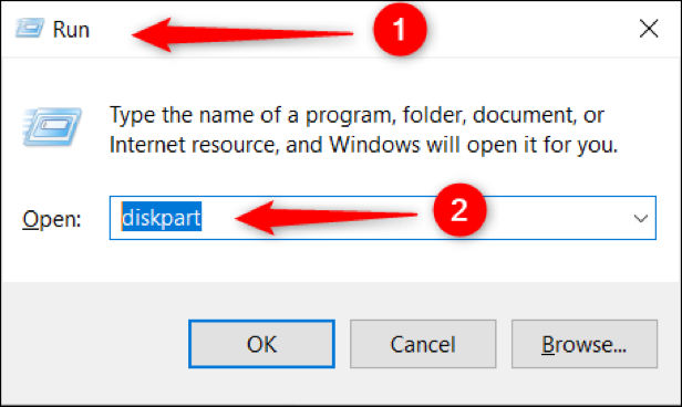 พิมพ์ "diskpart" ในช่องรัน windows