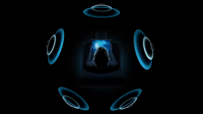 Ilustración de audio espacial en Apple AirPods
