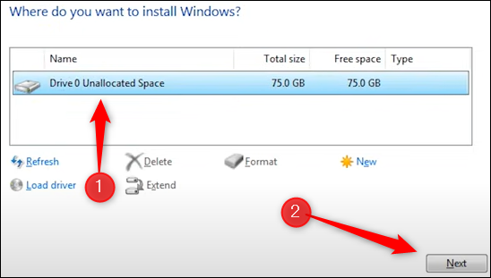 Wybierz dysk, na którym chcesz zainstalować system Windows.