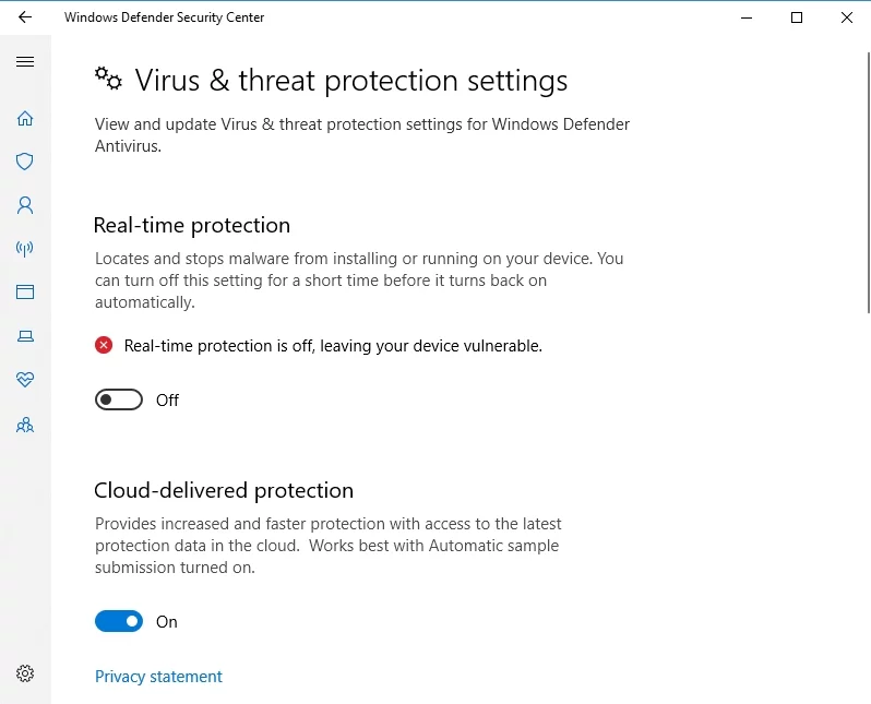 Windows Defenderを無効にして、ウイルス対策ソフトウェアのインストールがブロックされないようにします。