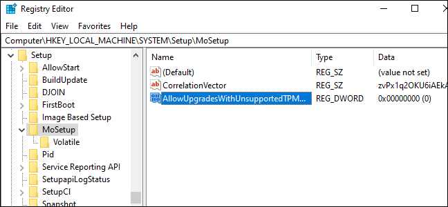 "AllowUpgradesWithUnsupportedTPMOrCPU"를 두 번 클릭합니다.