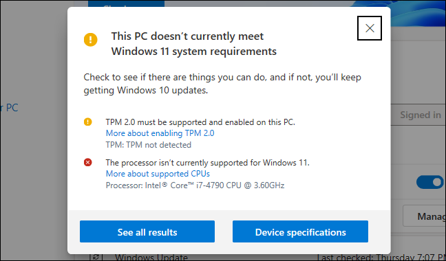 PC가 현재 Windows 11의 최소 요구 사항을 충족하지 않는다는 PC 상태 확인 앱.