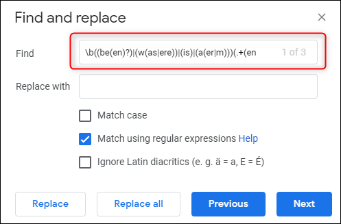 Googleドキュメントで受動態を見つけます。