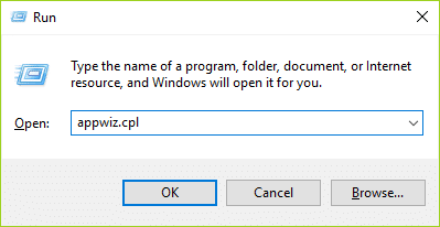 appwiz.cplと入力し、Enterキーを押してプログラムと機能を開きます