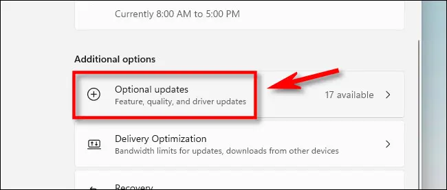 在 Windows 設置中，單擊“可選更新”。