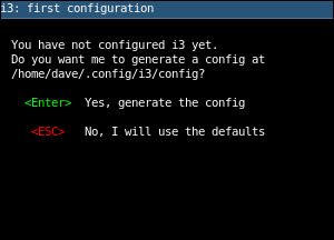 구성 파일 생성 여부를 묻는 First-boot i3 대화 상자