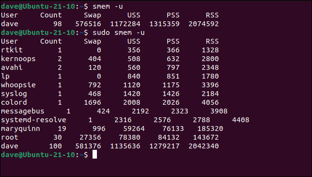 استخدام خيار smem -u مع sudo وبدونه