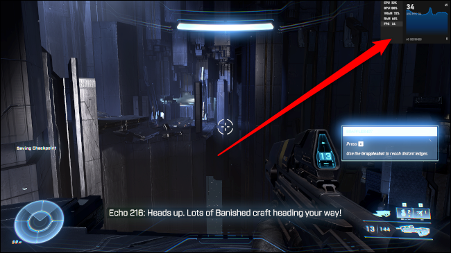 تراكب إحصائيات Halo Game Bar الموجودة في الزاوية اليمنى العليا من Halo Infinite.