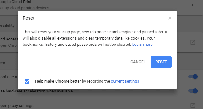 Réinitialiser Chrome pour corriger Impossible de se connecter au serveur proxy dans Windows 10