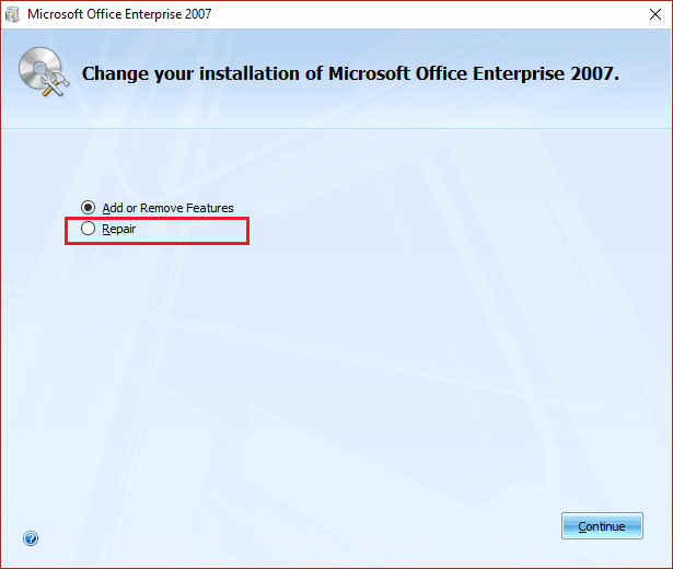 sélectionner réparation dans microsoft office