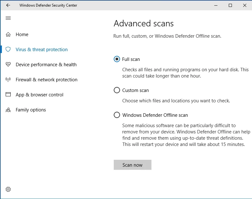 Windows Defender로 PC에서 맬웨어를 검사합니다. 이렇게 하면 앱이 실행될 수 있습니다.