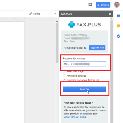 การใช้ Fax.Plus