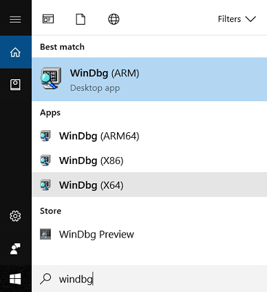 اكتب windbg في Windows Search ثم انقر فوق WinDbg (X64)