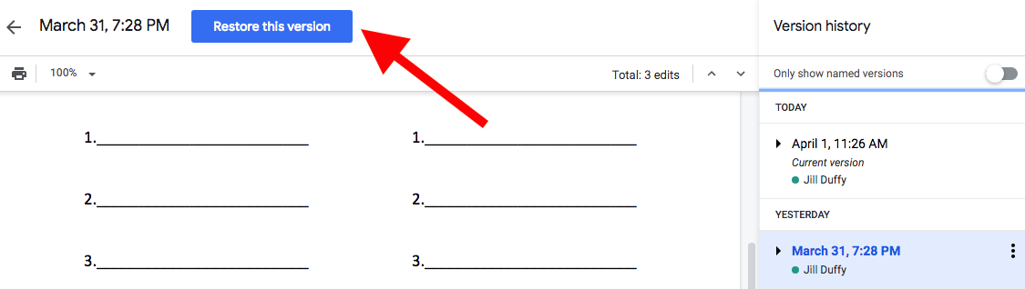 Version de restauration de Google Docs