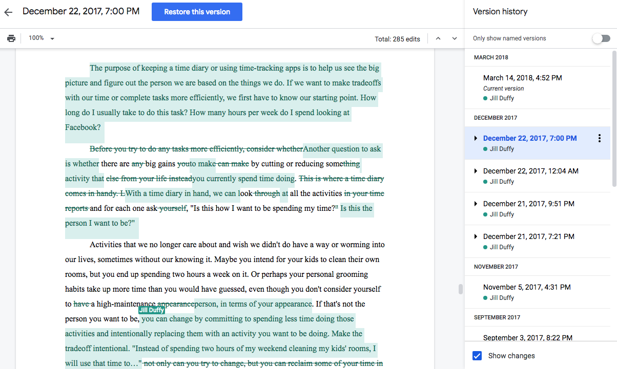 Modifications de l'historique des versions de Google Docs