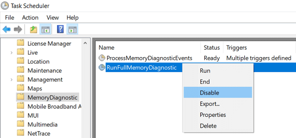 انقر بزر الماوس الأيمن فوق RunFullMemoryDiagnostic وحدد تعطيل | [محلول] استخدام القرص بنسبة 100٪ حسب النظام والذاكرة المضغوطة