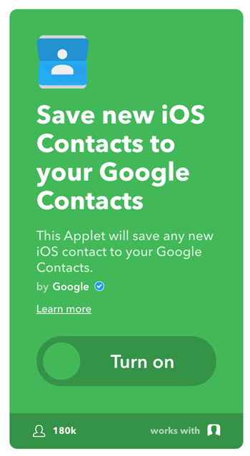 Resep IFTTT menyimpan kontak iOS baru ke Google