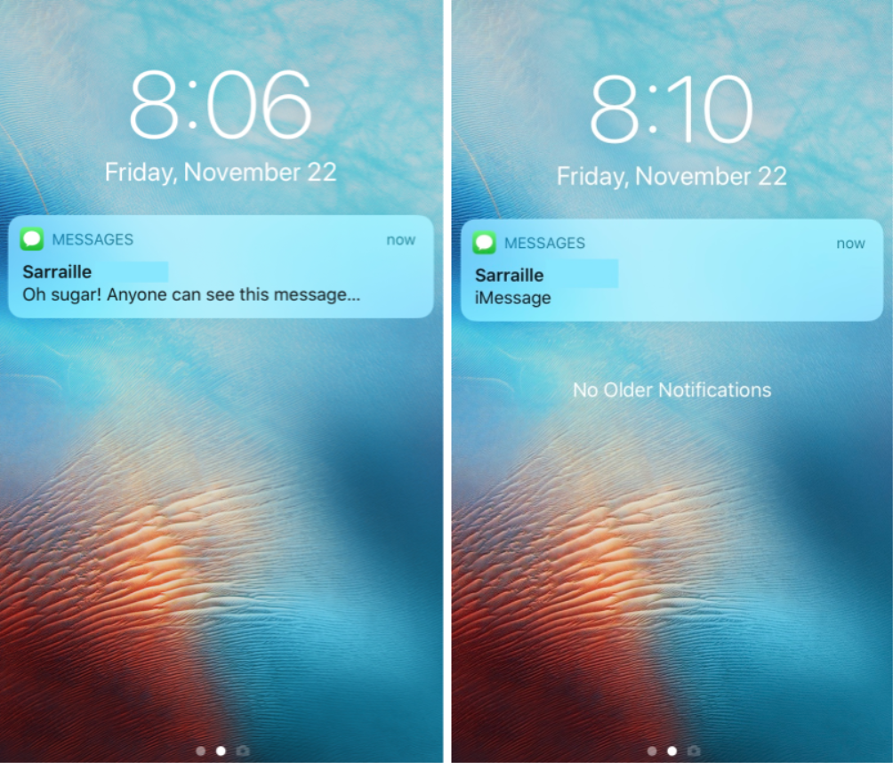 Podgląd wiadomości iPhone'a przed i po