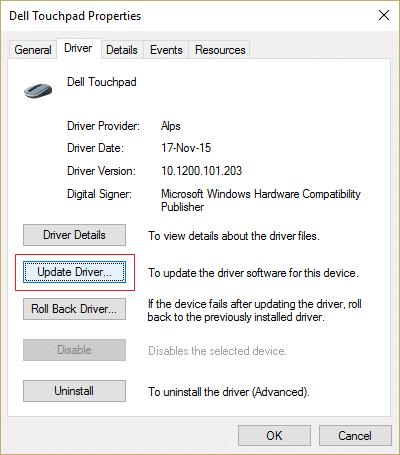 Mude para a guia Driver e clique em Atualizar driver