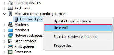 clique com o botão direito do mouse no dispositivo Mouse e selecione desinstalar