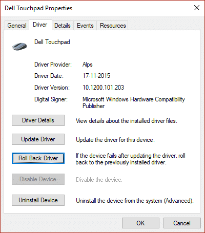 Alterne para a guia Driver e selecione Reverter driver