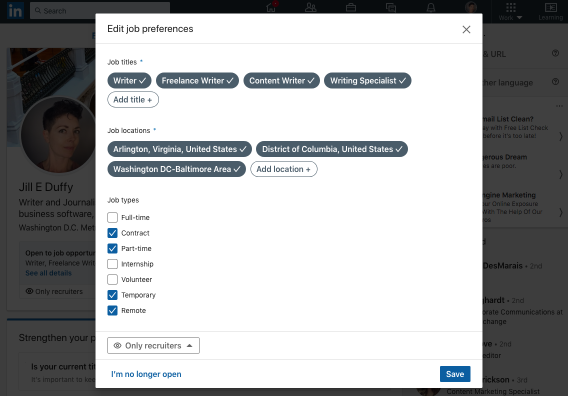 Preferencias de trabajo de LinkedIn