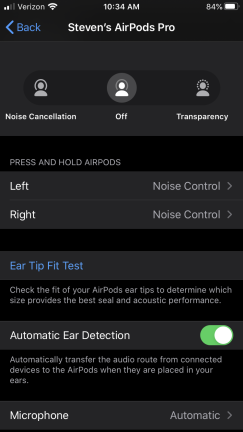 Configurações do AirPods Pro