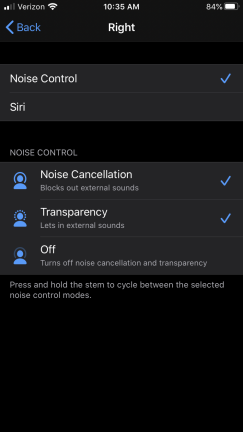 Configurações de Siri e Controle de Ruído