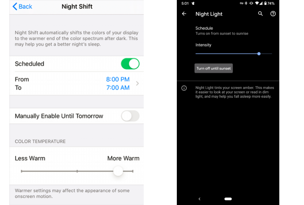 Impostazioni Night Shift di iPhone e Night Light di Android