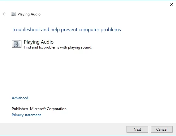 Gunakan pemecah masalah pemutaran Audio untuk memperbaiki masalah suara di Windows 10