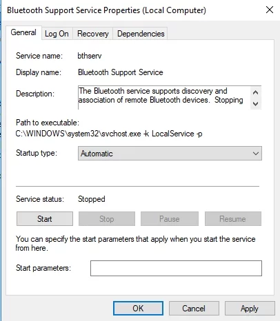 Periksa layanan dukungan Bluetooth untuk menyelesaikan tidak ada suara setelah koneksi Bluetooth di Windows 10