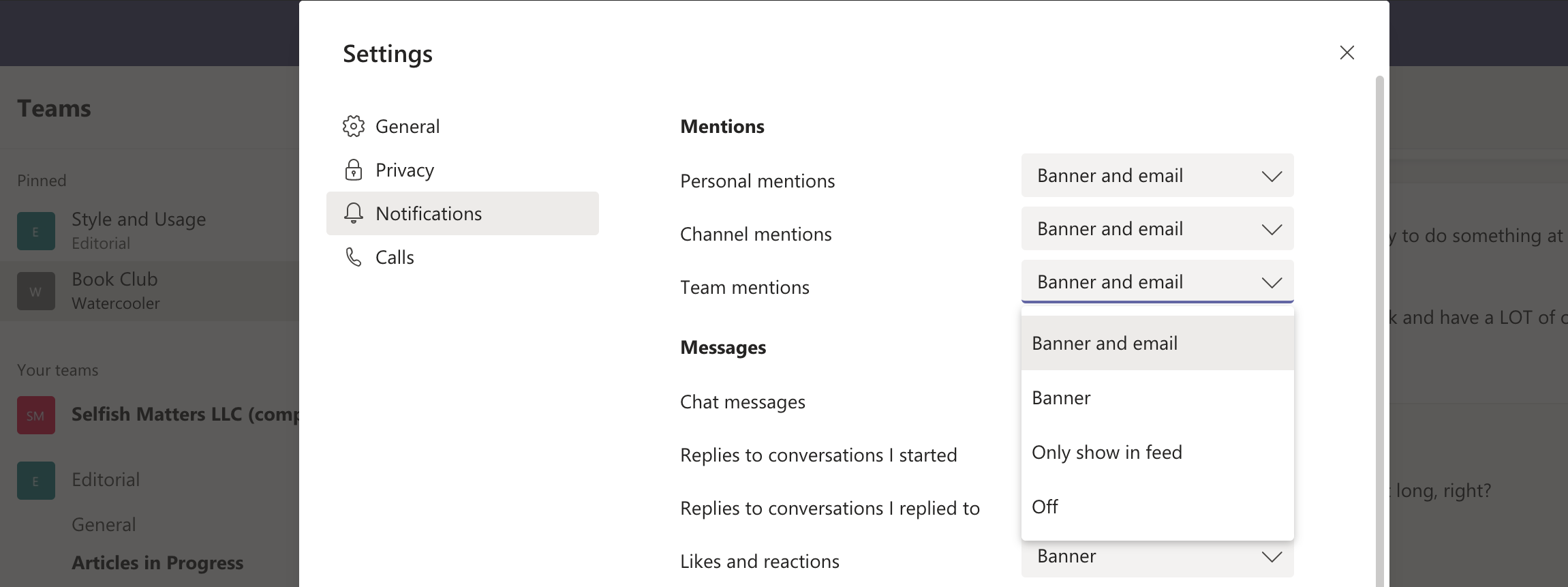 Notifiche a livello di app di Microsoft Teams