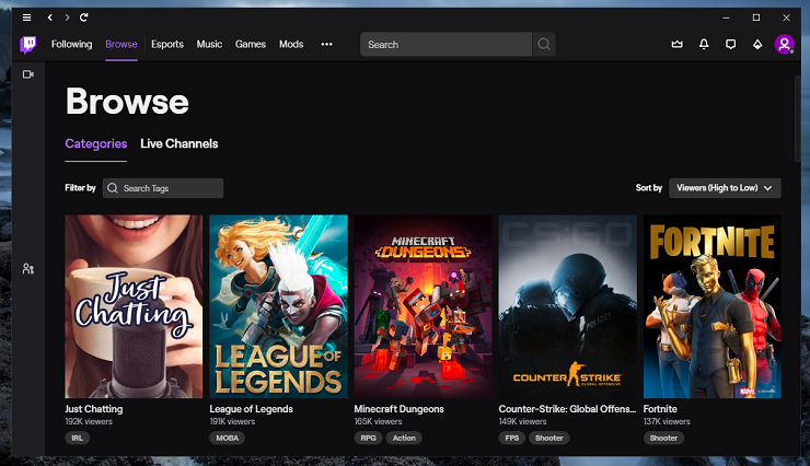 Sezione Sfoglia di Twitch