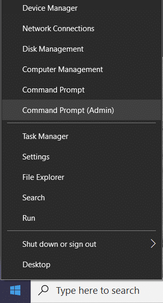 Faites un clic droit sur le bouton Windows et sélectionnez Invite de commandes (Admin)