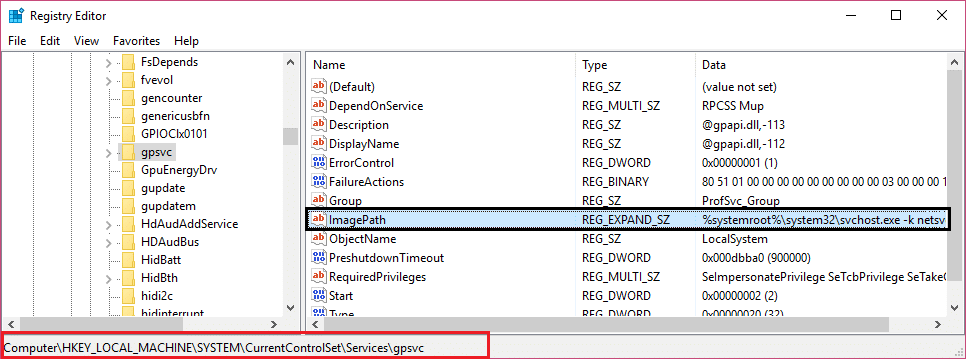 allez à gpsvc et trouvez la valeur de ImagePath