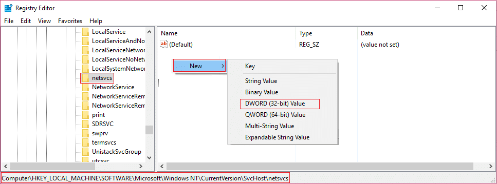 sous netsvcs, cliquez avec le bouton droit de la souris, puis sélectionnez Nouveau, puis la valeur DWORD 32 bits