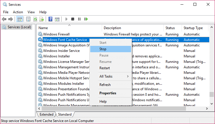 faites un clic droit sur Windows Font Cache Services et cliquez sur Arrêter