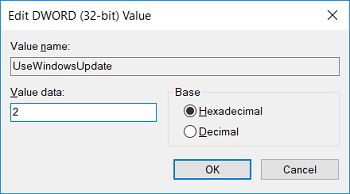 Beri nama kunci baru ini sebagai UseWindowsUpdate lalu klik dua kali dan ubah nilainya menjadi 2