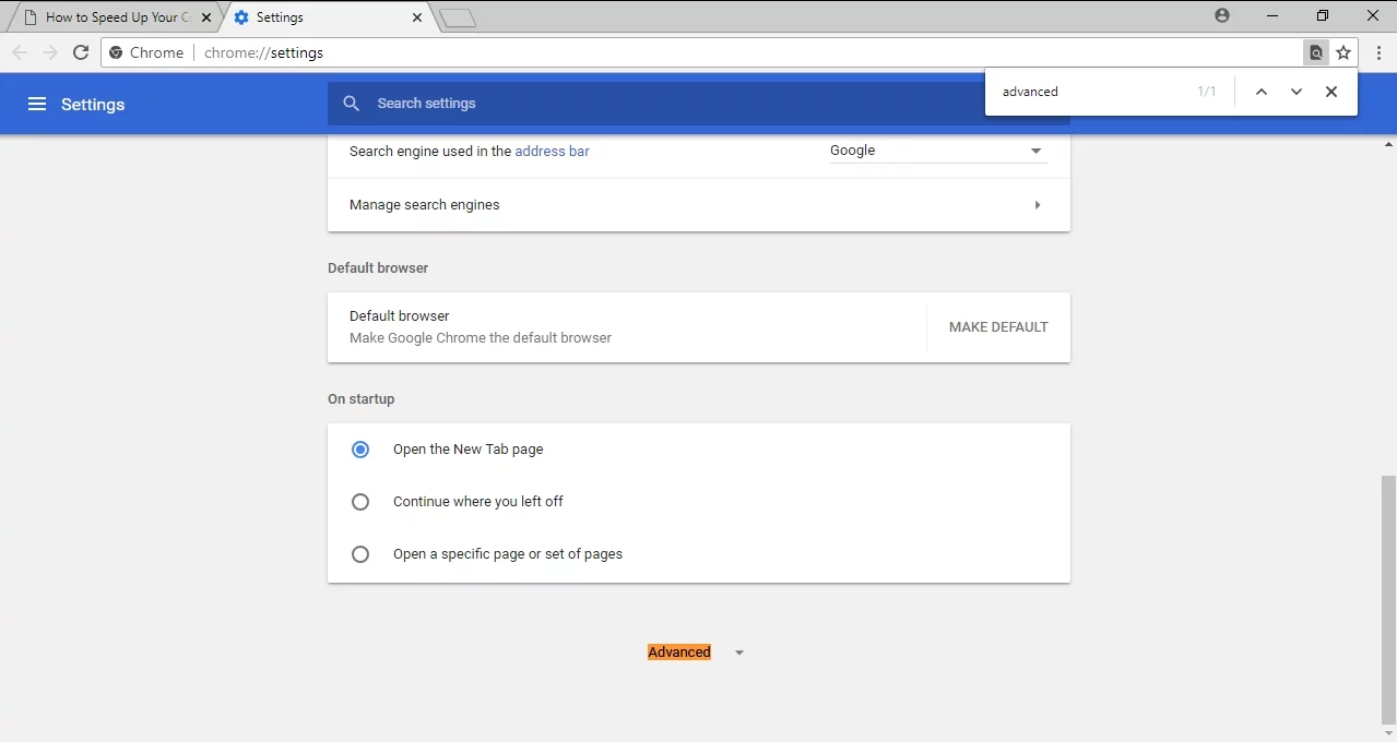 Ketik 'lanjutan' untuk masuk ke bagian pengaturan lanjutan di browser Anda.