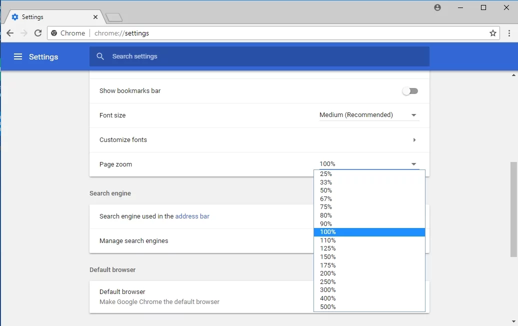 Ubah tingkat zoom Chrome untuk memperbaiki Penskalaan Google Chrome di Windows 10.