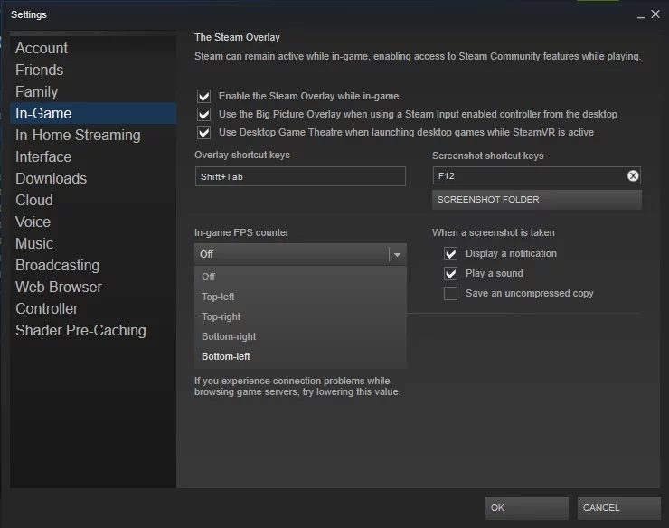 Konfigurasikan pengaturan Penghitung FPS Dalam Game Anda di Steam.