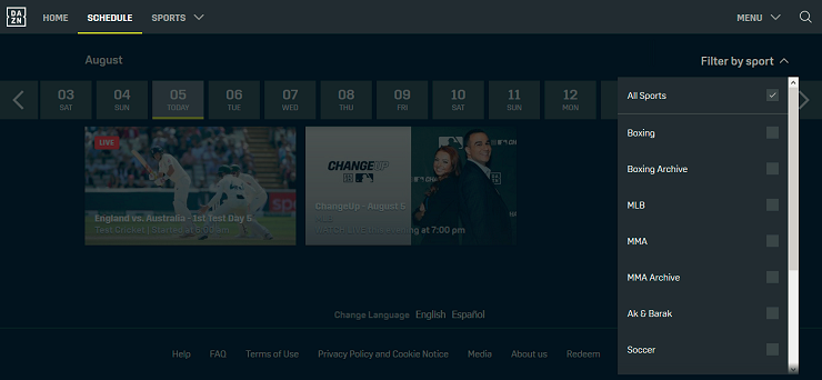 Das Webinterface von Dazn