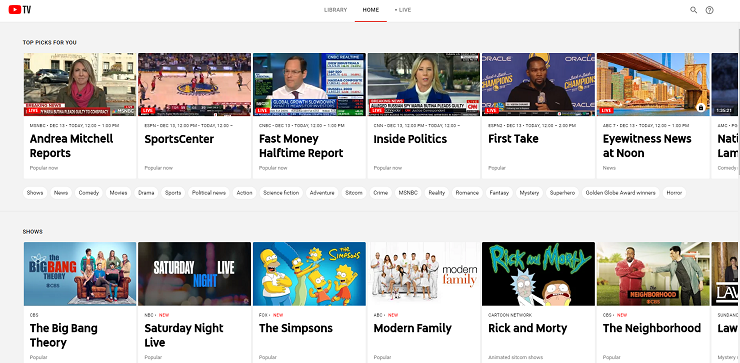 Die Weboberfläche von YouTube TV