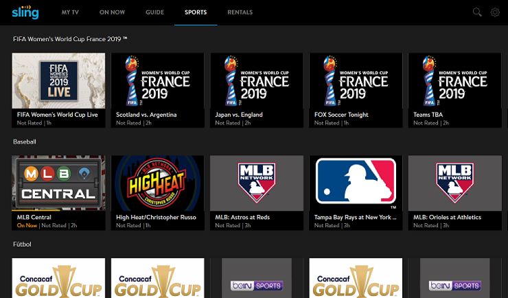 Sling TV-Weboberfläche