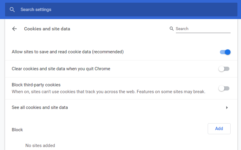 Impostazioni dei cookie di Chrome