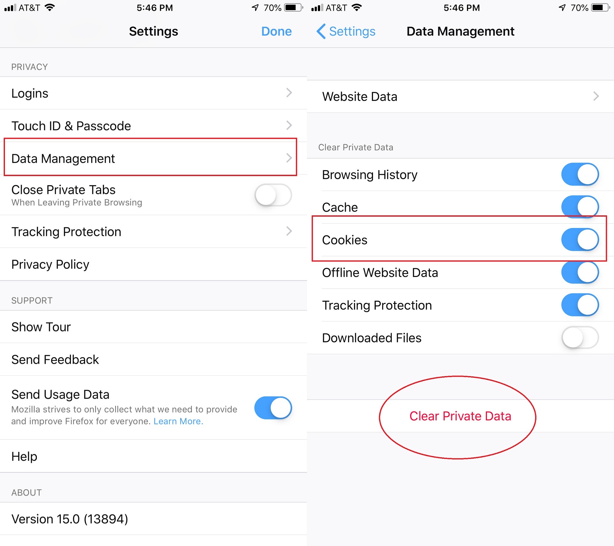Firefox iOS Gestione dei dati/Cookie