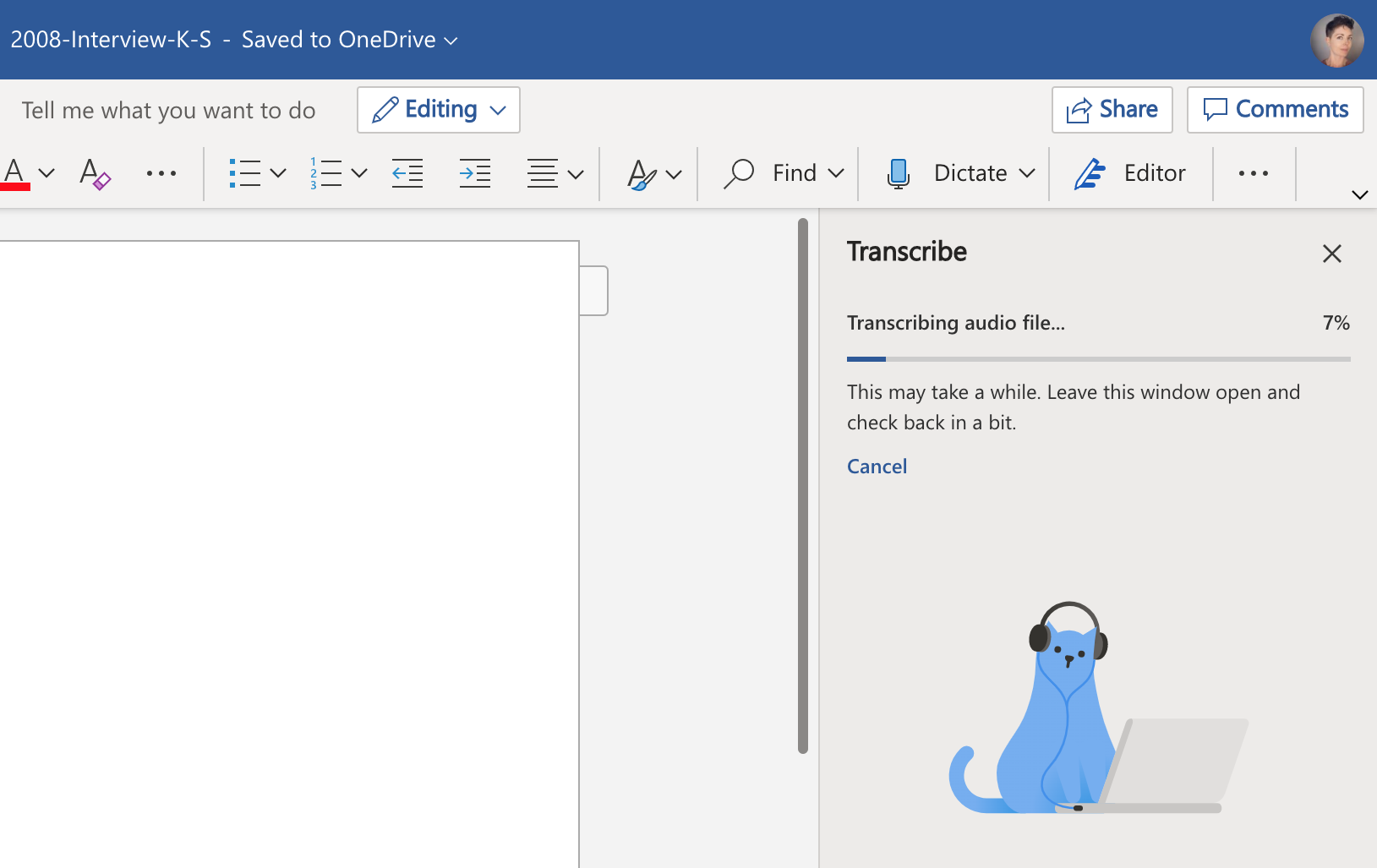 Transcrição de áudio do Microsoft Word