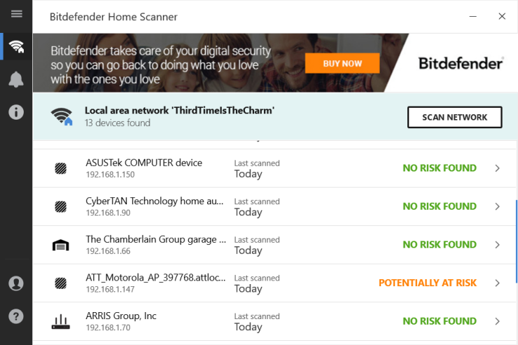 النافذة الرئيسية لبرنامج Bitdefender Smart Home Scanner