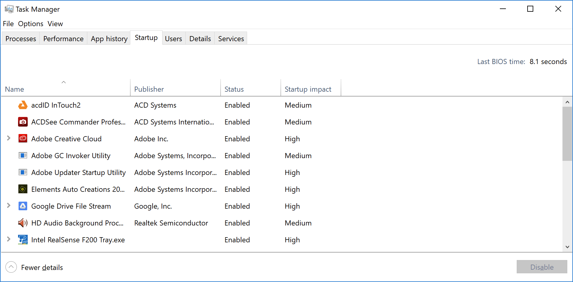 Processos de inicialização no Gerenciador de Tarefas do Windows 10