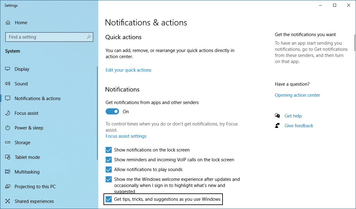 Notificações e ações no Windows 10